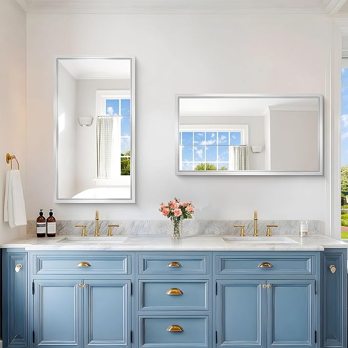 20x36 Silver Bathroom Mirror, Brushed Silver Rectangular Mirror