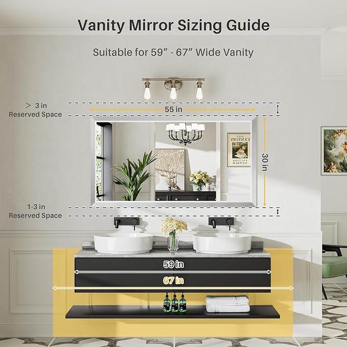 55x30 Inch Brushed Silver Bathroom Mirror
