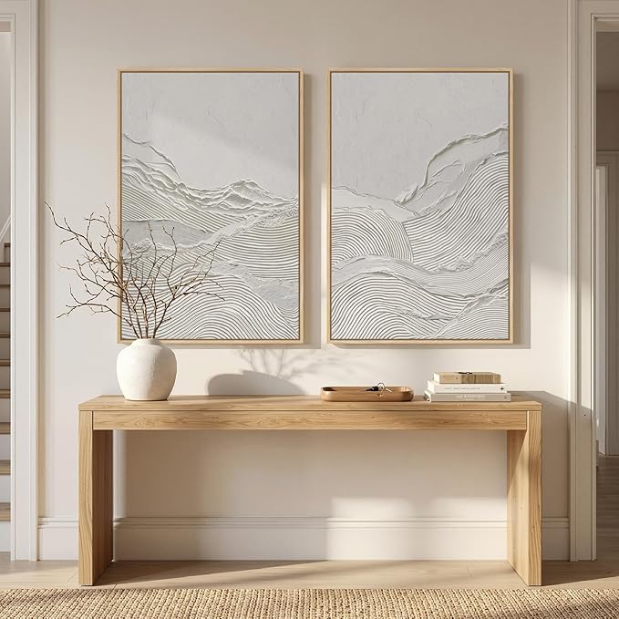 Large Framed White Abstract Wall Art Set of 2