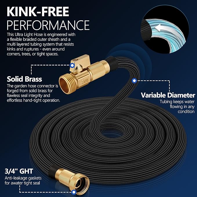 Flexible Garden Hose 100 FT, Ultra Lightweight Water Hoses 100FT w/10 Function Sprayer and 3/4" Brass Fittings, Kink-Free, Sturdy, Abrasion Resistant for Yard, Lawn, Outdoor and Gardening(Black)