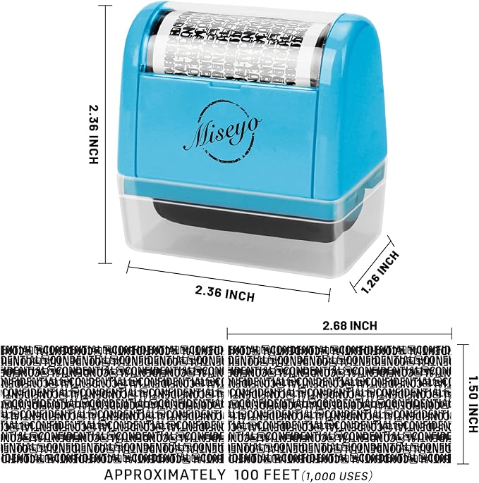 Miseyo Wide Identity Theft Protection Roller Stamp Set - Blue (3 Refill Ink Included)