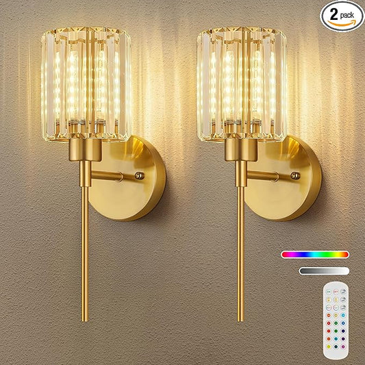 Crystal Battery Operated Wall Sconces, Brushed Gold Rechargeable Wireless Wall