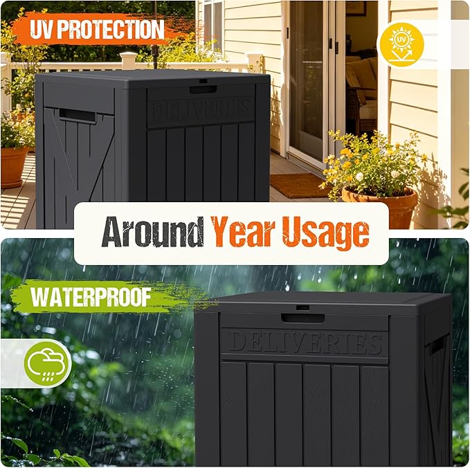 Flamaker 50 Gallon Deck Box, Package Delivery Box for Outside, Outdoor Package Drop Container for Gifts, Waterproof Plastic Storage Container with Lockable Secure for Porch (Black)