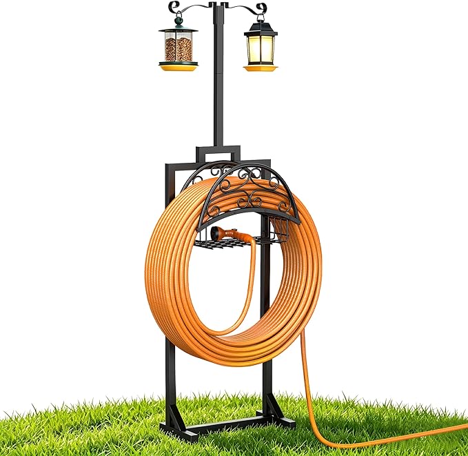 Garden Hose Holder with Shepherds Hooks - Freestanding Metal Water Hose Holder Stand Holds 160ft, Heavy Duty Garden Hanger Storage Rack for Outside Yard Lawn Farm