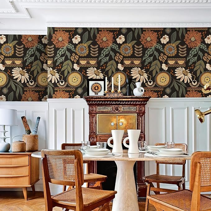 JiffDiff Boho Peel and Stick Wallpaper Vintage Floral Wall Paper Removable Sun