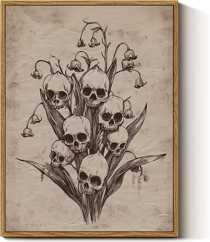 InSimSea Framed Canvas Prints Art Vintage Decor, Gothic Skull Flowers Painting, Rustic Dark Academia Wall Art for Bathroom, Halloween Living Room Witchy Room Wall Cottagecore Decor, 12x16inch