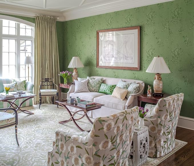 Erfoni 197"x17.7" Green Thicken Floral Embossed Wall Paper Pure Green Peel and