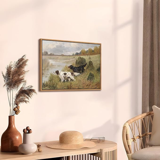 Floating Framed Vintage Hunting Dog Wall Art, Classic Countryside Landscape