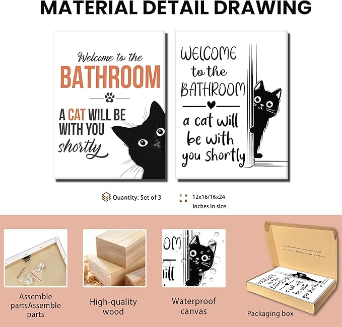 MUWAK Funny Welcome to the Bathroom Slogan Wall Art Set of 2 – Cat will Be