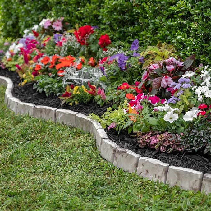 EasyFlex No-Dig Landscape Edging with Anchoring Spikes, 2.7 in. Tall Decorative Stone-Look Garden Border, 90 Foot Kit, Brown (3602B-90C)