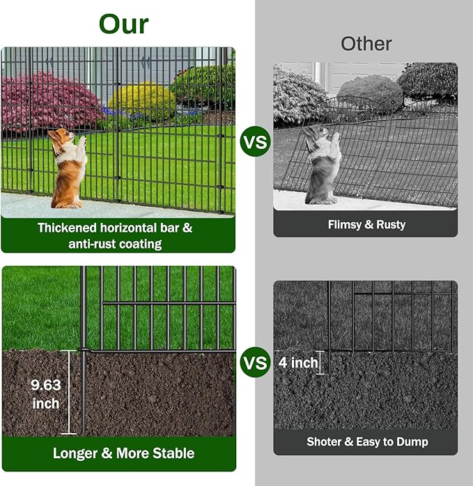 10 Panel No Dig Decorative Garden Fence - 48in H x 22.6 ft L, Tall Animal Barrier for Dogs Rabbits, Rustproof Metal Wire Panels for Yard, Patio, and Outdoor Border Use