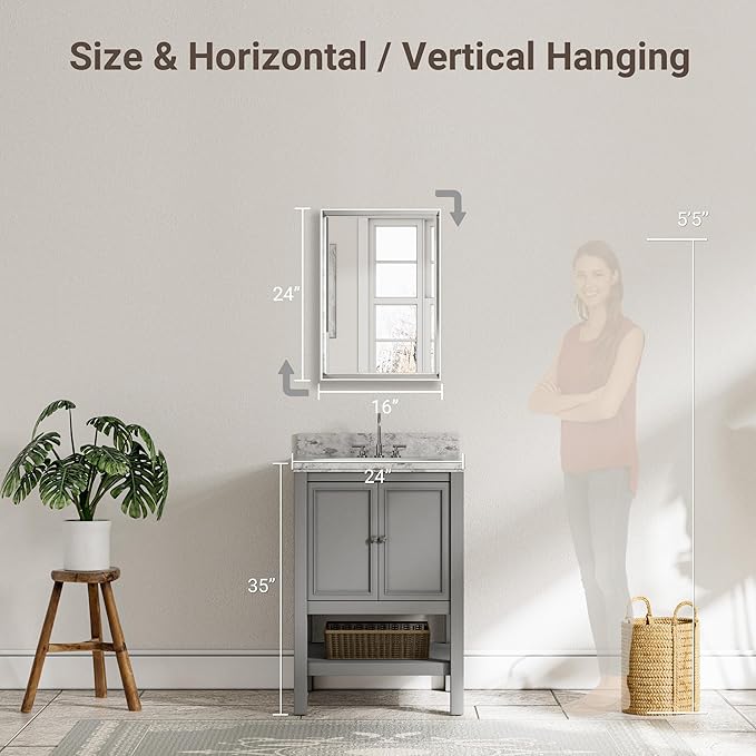 Silver Bathroom Mirror, Rustproof Rectangle Silver Framed Mirror