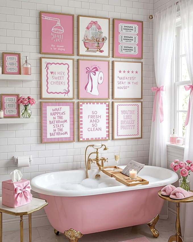 tgguytiy 9Pcs Pink Bow Bathroom Wall Art Prints, Coquette Bowknot Aesthetic