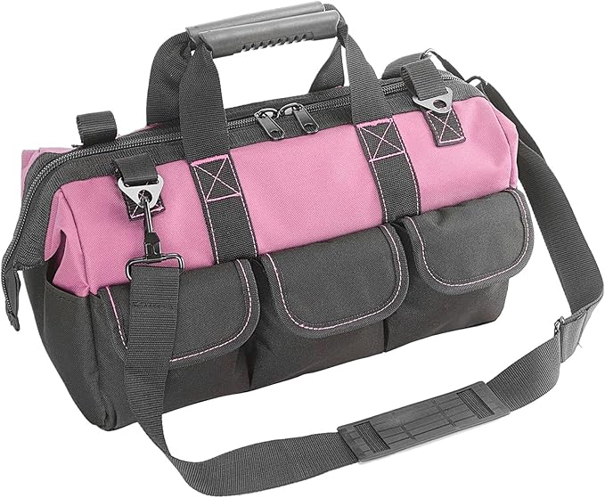 Garden Tools Bag 16inch Wide Mouth Women's Tool Bag with Molded Base and Plastic-Padded, Inside Pockets for Tool Storage,600D polyester fabric (Pink color)