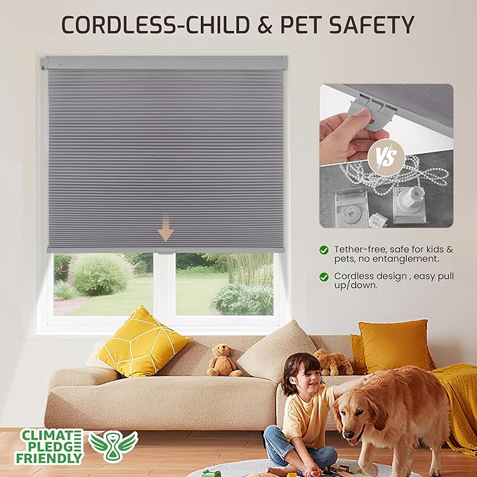 Grandekor No Drill No Tools Cordless Cellular Shades, 29.5" W x 64" H, UV