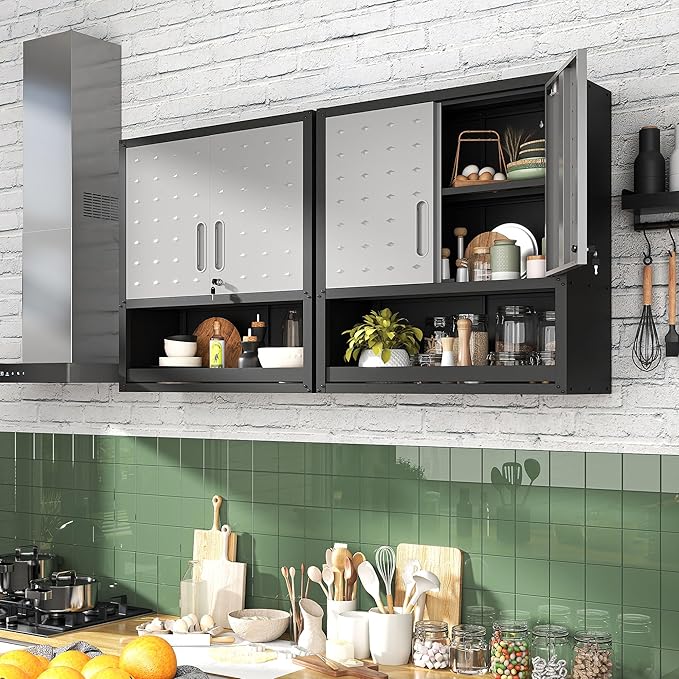 Metal Wall Cabinets with Doors and Shelves Black and Gray Garage Cabinets Wall