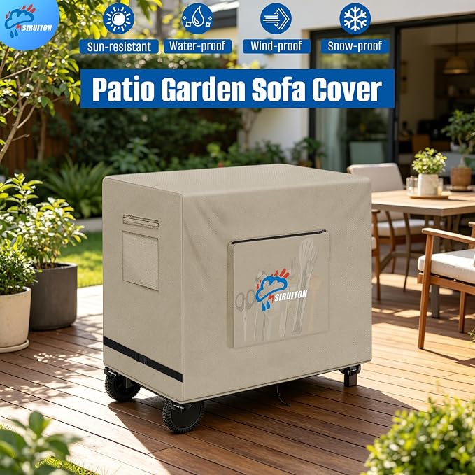 SIRUITON Outdoor Bar Cart Cover for 34 Inch Portable Outdoor Table, Heavy Duty 600D Oxford Fabric Outdoor Waterproof BBQ/Worktable Metal Movable Table Cover
