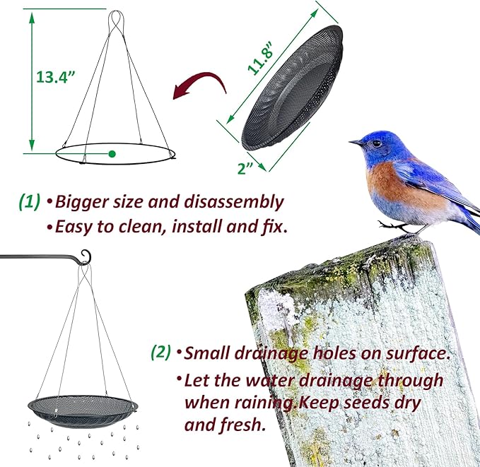 CQAIRIOU Upgraded Hanging Bird Feeder Tray,11.8” Stainless Steel Large Platform Metal Mesh Seed Tray for Backyard Garden Attracting Outside Wild Birds