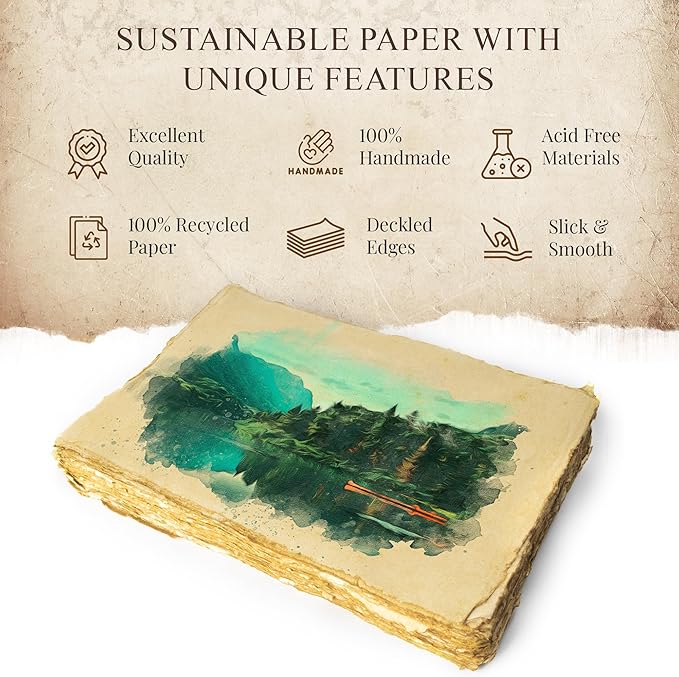 Blank Vintage Handmade Deckled Edge Paper | 75 Sheets of Recycled Cotton Papers, Perfect Sheet for Any Medium, Blank Watercolor Paper Cards, 150 GSM Thick & Acid-Free Antique Paper