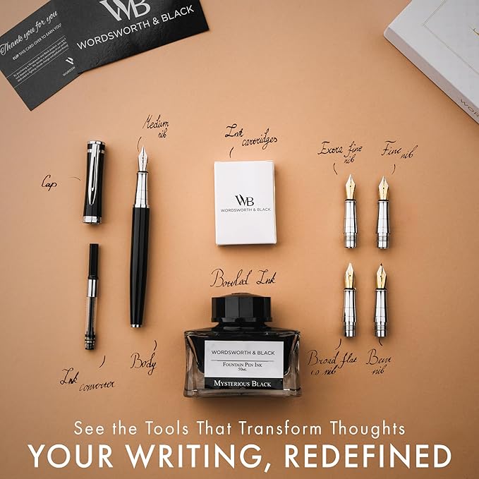 Wordsworth & Black Fountain Pen Gift Set, Includes Ink Bottle, 6 Ink Cartridges & A Refill Converter, 4 Replacement Nibs, Premium Package, Journaling, Calligraphy, Smooth Writing Pens [Black Chrome]