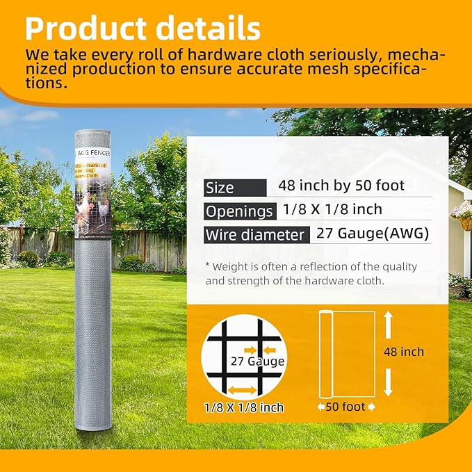 48in x 50ft Hardware Cloth 1/8 inch 27Ga Hot Dipped Galvanized After Welding, Chicken Coop Wire Fence, Welded Metal Fencing Roll Mesh for Bee Screen Garden Plant Poultry Animal Netting Cage