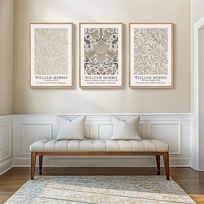 Framed Large William Morris Vintage Wall Art Set of 3, Large Neutral Botanical