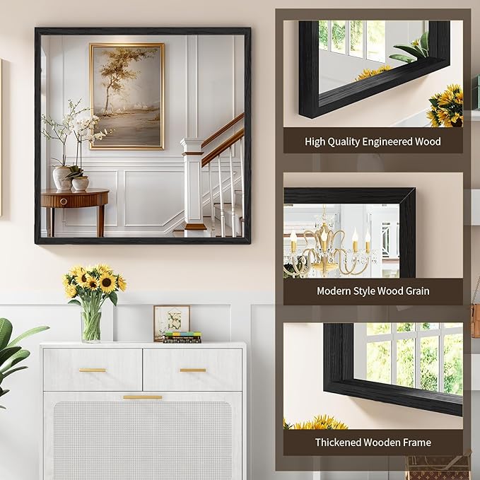 Syndra Square Black Wood Frame Bathroom Mirror, Waterproof Slim Deep Frame