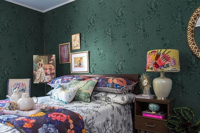 Erfoni 118"x17.7" Dark Green Wallpaper Thicken Floral Embossed Contact Paper