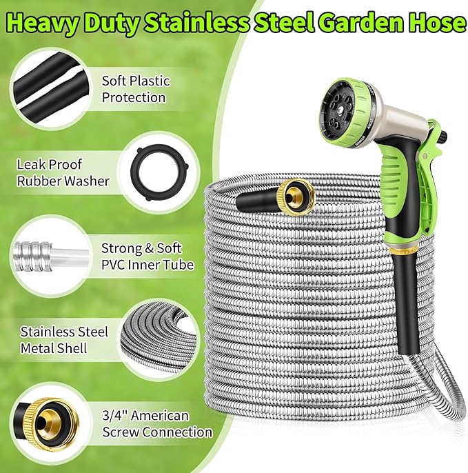 GOXAWEE Garden Hose 75FT, Stainless Steel Heavy Duty Water Hose With 10 Function Nozzle, No-Kink, Tough & Flexible, Sturdy and Lightweight, Rust Proof for Yard, Outdoor, RV