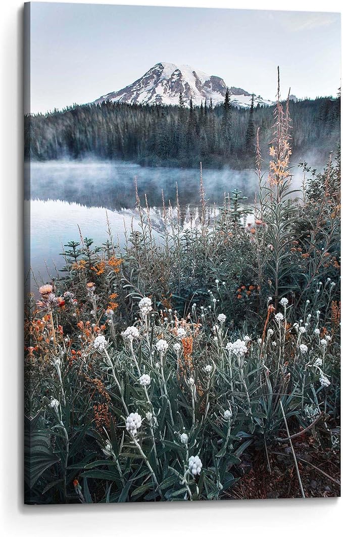 Nature Landscape Canvas Wall Art: Bedroom Home Lake Mountain Scene Picture Decor Modern Foggy Forest Scenic Print Painting Wildflower Natural Artwork for Living Room Office 24 x 36 Inch