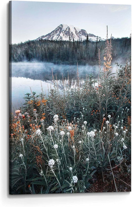 Nature Landscape Canvas Wall Art: Bedroom Home Lake Mountain Scene Picture Decor Modern Foggy Forest Scenic Print Painting Wildflower Natural Artwork for Living Room Office 24 x 36 Inch