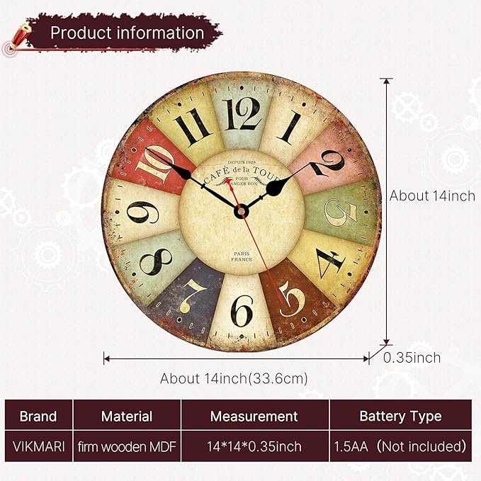 VIKMARI Clocks Battery Operated Wooden Wall Clock Retro Rustic Clock Decorative