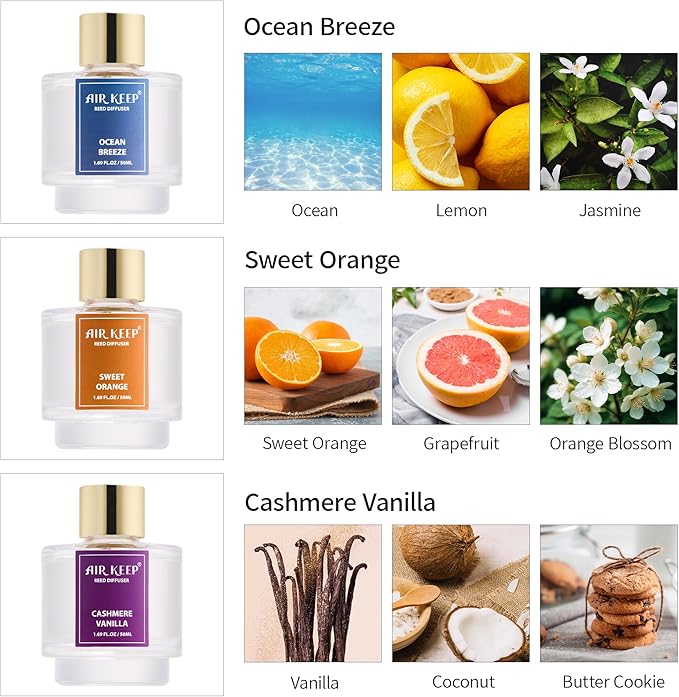 Airkeep Reed Diffuser Set of 3, Ocean Breeze Sweet Orange Cashmere Vanilla Oil Reed Diffusers for Bedroom Living Room Office Aromatherapy Oil Reed Diffuser for Gift 50ml x 3