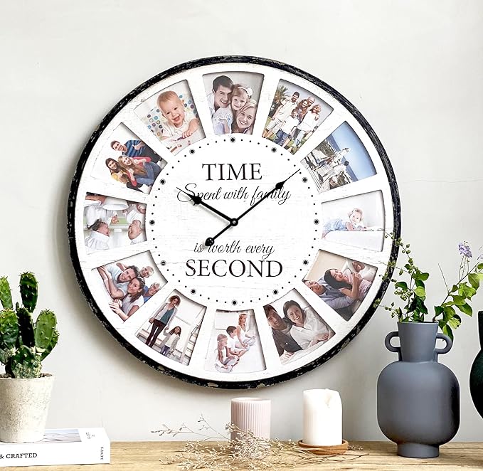12 Photo Collage Family Wood Wall Clock, Rustic Farmhouse Wall Clock, Large