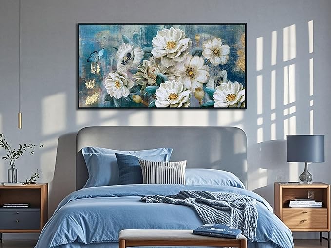 Arjun Large Black Framed Flower Canvas Wall Art for Living Room White Elegant Modern Painting for Bedroom Textured Gold Foil Turquoise Picture Floral Teal Artwork Home Office Decor, 48"x24"
