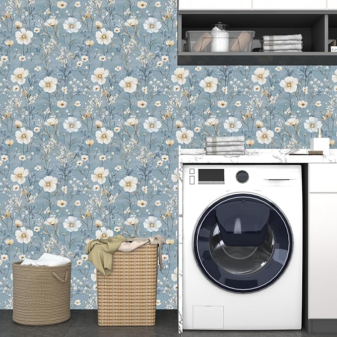 Laatse Blue Floral Peel and Stick Wallpaper White Botanical Contact Paper