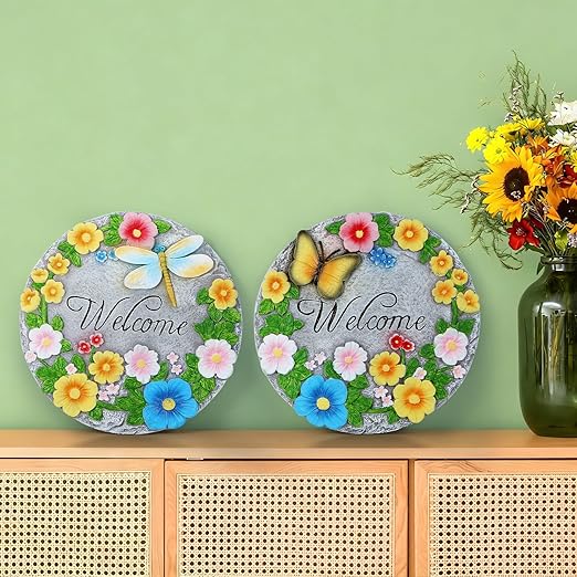 2 Pack Garden Stepping Stones Outdoor 10 Inch Round Cement Stepping Stones with Hand-Painted Flowers, Butterfly & Dragonfly, Decorative Pavers for Outside Walkway Patio Yard