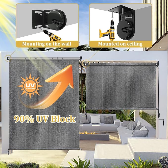 Shade&Beyond Outdoor Roller Shades 4' W x 8' H Cordless Patio Roll Up Blinds