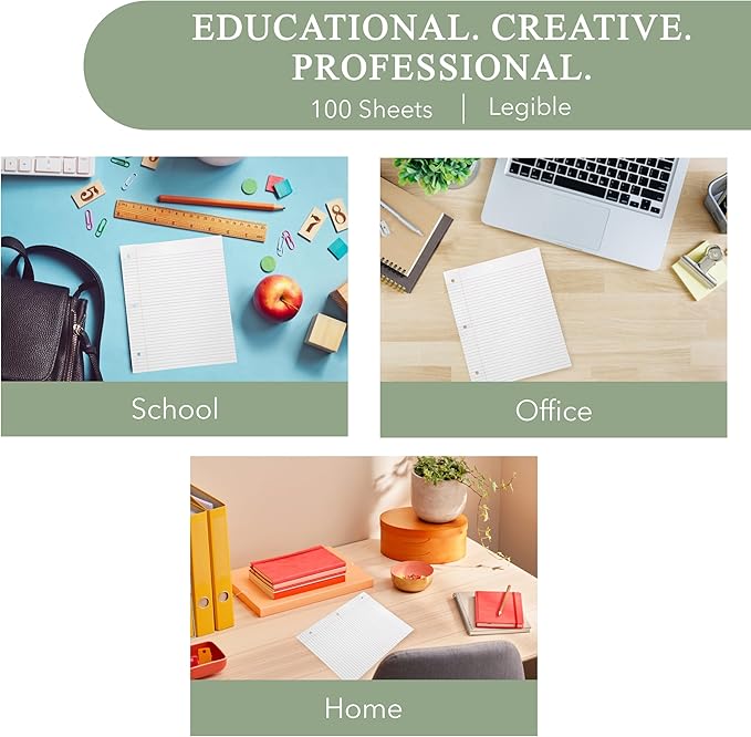 THREE LEAF 100 SHEETS COLLEGE RULED FILLER PAPER, PACK OF 12, LOOSE-LEAF SHEETS FOR SCHOOL AND OFFICE 100 CT. FILLER PAPER, NOTEBOOK PAPER
