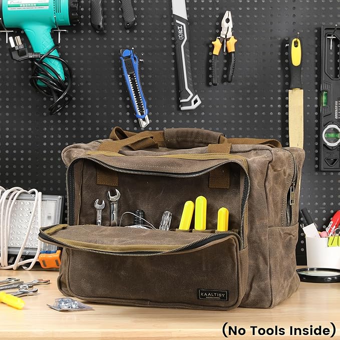 Kaaltisy 16oz Waxed Canvas Tool Bag – Robust Zipper Garden Tools Tote with 3 Compartments & Padded Handle (Grey) – Tool Organizer for Gardening Wire Cutters Goggles