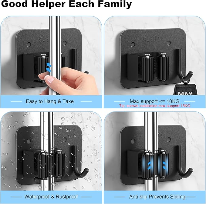 2 Pack Broom Holder Wall Mount, 304 Stainless Steel Mop Organizer with Hooks, No Drill Adhesive and Screw Installation, Rust Proof Storage Rack for Garage, Laundry, Garden, Black