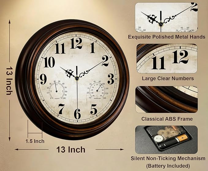 Vintage Wall Clock 13 Inch Quartz Silent Non-Ticking Analog Clock