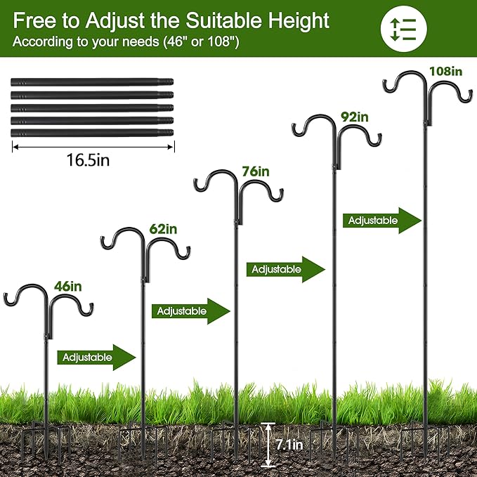 Double Shepherds Hooks for Outdoor, 108" Heavy Duty Bird Feeder Pole with 5 Prong Base, Adjustable Shepherds Hook for Bird feeders Outside, Garden, Weddings, Hanging Plants, 2 Pack, Black