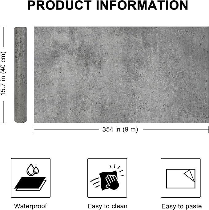 WADILE Dark Gray Concrete Wallpaper 15.7 in * 354 in, Cement Contact Paper 3D