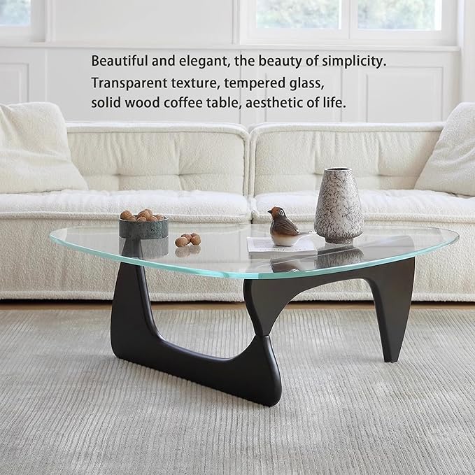 EASYSOUL Modern Glass Coffee Table, 44.88" D x 32.28" W x 15.75" H, Abstract Round Tea Tables for Living Room Home Office Industrial Cocktail Tables (Black-Clear Glass, 44.88")