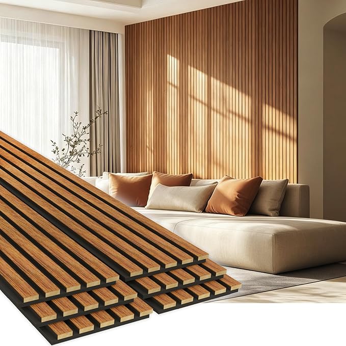 EVERECO 6 Pack Wood Slat Acoustic Wall Panels 92.5" × 7.87", 3D Sound Absorbing