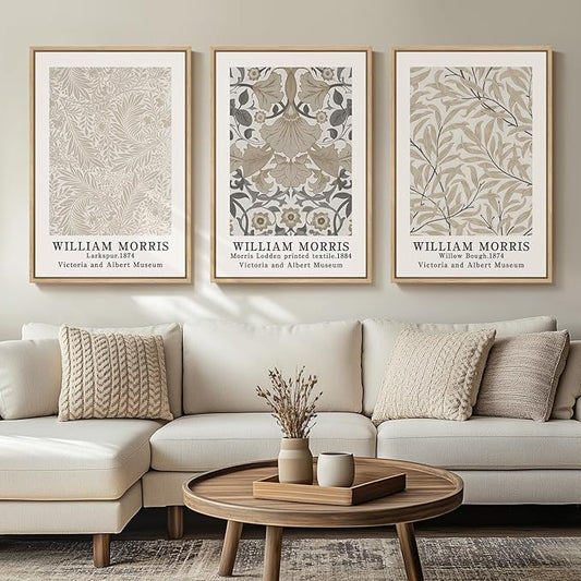 Framed Large William Morris Vintage Wall Art Set of 3, Large Neutral Botanical