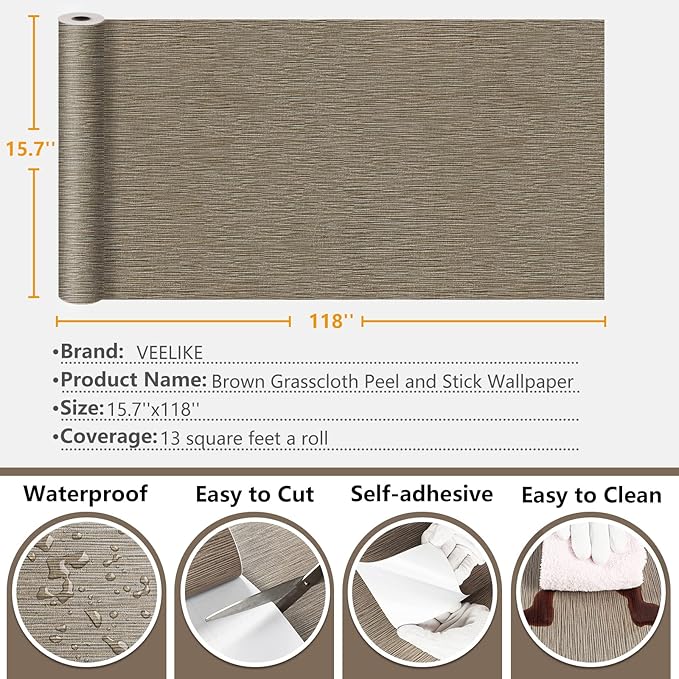 VEELIKE 15.7''x118'' Taupe Grasscloth Wallpaper Peel and Stick Textured Faux
