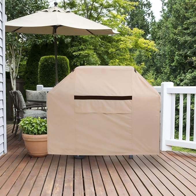 82 Inch 600D Grill Cover - Heavy Duty Waterproof UV Resistant, Windproof Rip-Proof Outdoor Oversize BBQ Smoker Cover Beige, Fits Weber Char-Broil Nexgrill