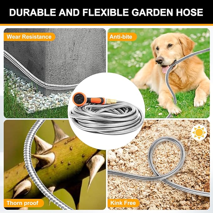 Metal Garden Hose 50 ft with 10 Function Sprayer Nozzle, Lightweight Stainless Steel Water Hose with 3/4" Solid Fittings, Flexible Kink Free Leak Proof for Yard, Patio, Outdoor & Car washing